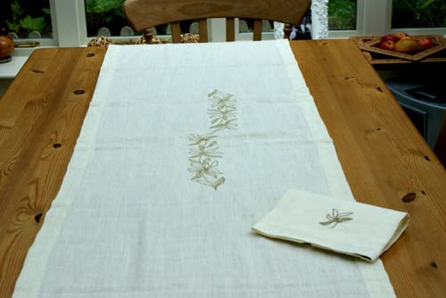 Hemp Runner - Natural Ivory with Vine Embroidery, 40cm x 180cm